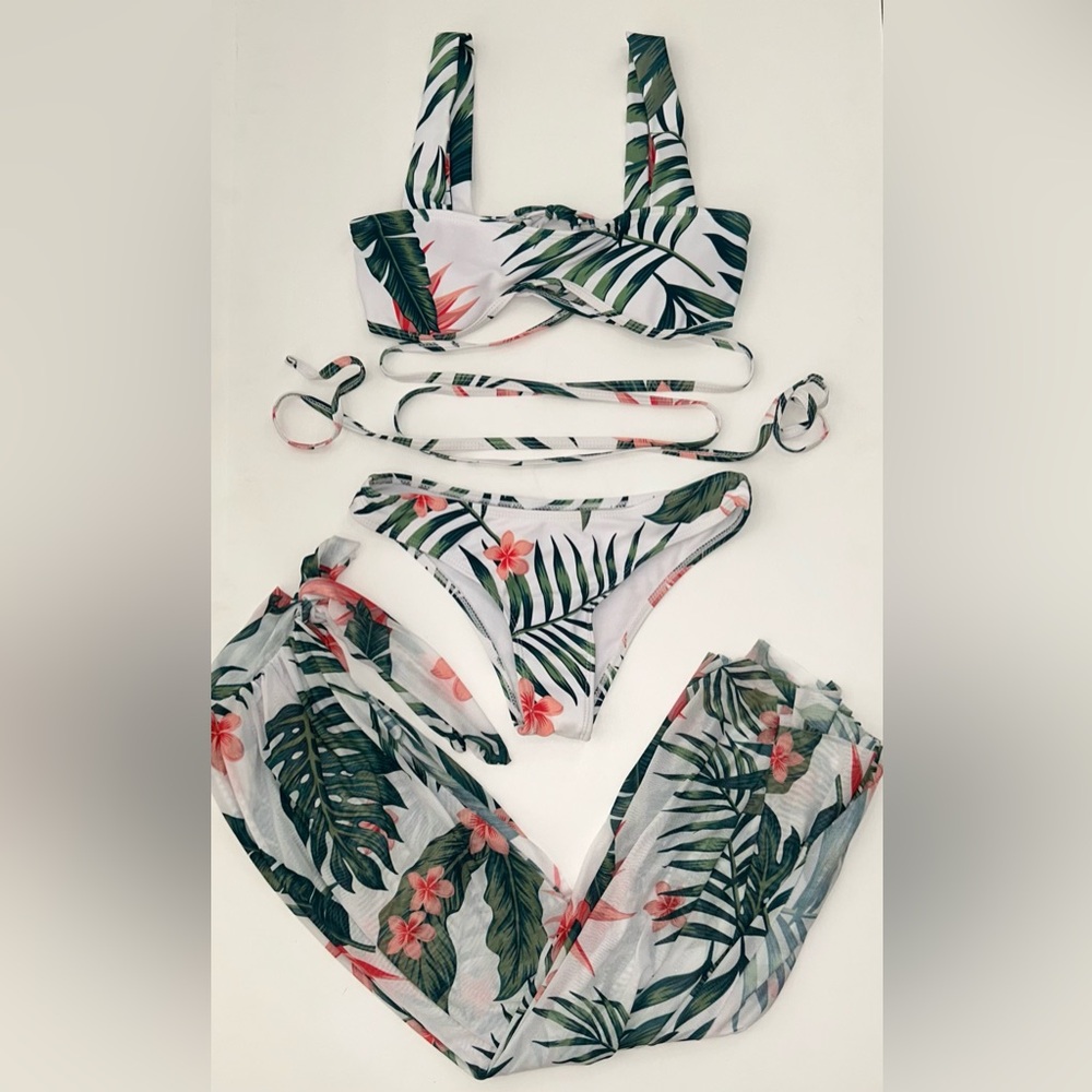 3 Piece Tropical Leaf Print Bikini Set with Matching Tie Skirt